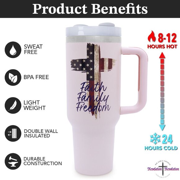 COPY - Faith Family Freedom Light Pink Patriotic 40 Oz Insulated Tumbler with H… - Picture 3 of 4